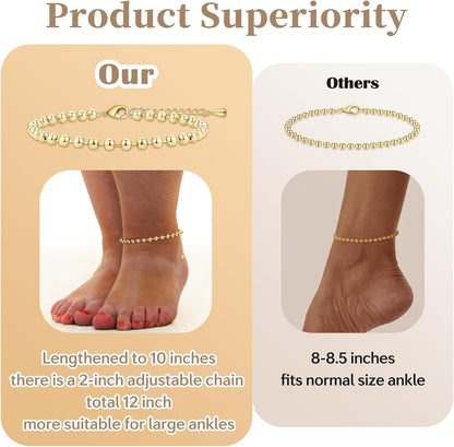 Extra Large Anklets for Women Large Ankle, 14K Real Gold Dainty Anklets for Women Waterproof, 10"+2" Adjustable Large Ankle Bracelets for Women Plus Size, Ankle Bracelets for Women Trendy