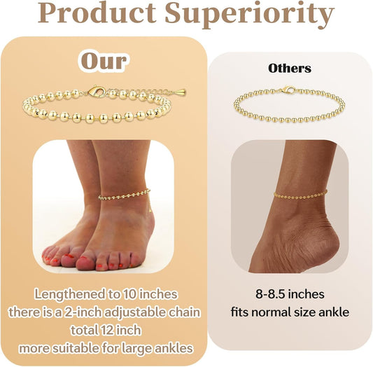 Extra Large Anklets for Women Large Ankle, 14K Real Gold Dainty Anklets for Women Waterproof, 10"+2" Adjustable Large Ankle Bracelets for Women Plus Size, Ankle Bracelets for Women Trendy