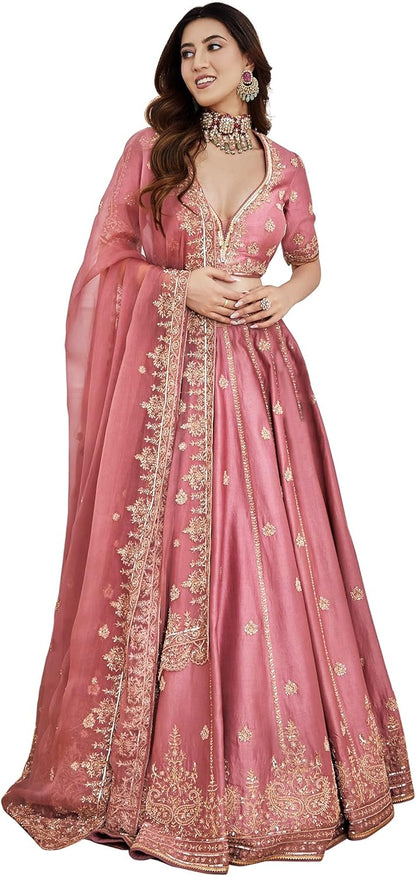 TRENDMALLS Satin Embroidery Sequence Work Lehenga Choli Unstitch Blouse with Dupatta For Women (L257-DarkPeach-FreeSize)