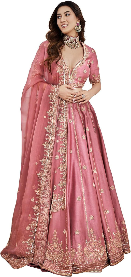 TRENDMALLS Satin Embroidery Sequence Work Lehenga Choli Unstitch Blouse with Dupatta For Women (L257-DarkPeach-FreeSize)