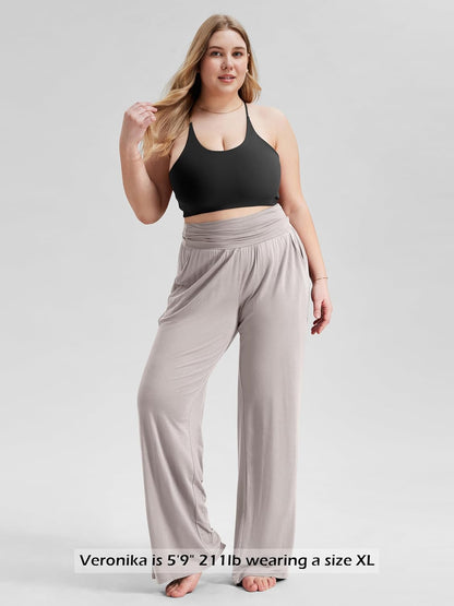 ODODOS Women's Wide Leg Palazzo Lounge Pants with Pockets Light Weight Loose Comfy Casual Pajama Pants-32 Inseam, Light Beige, Medium