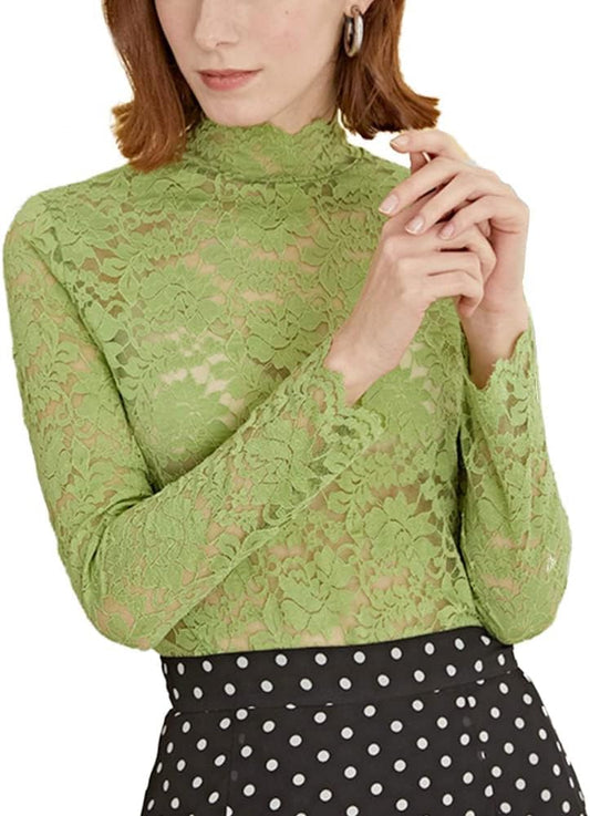 Women Floral Summer Lace Top Eyelash Trim Sexy Long Sleeves Plus Size Casual Dressy Shirt with Camisole Two Piece