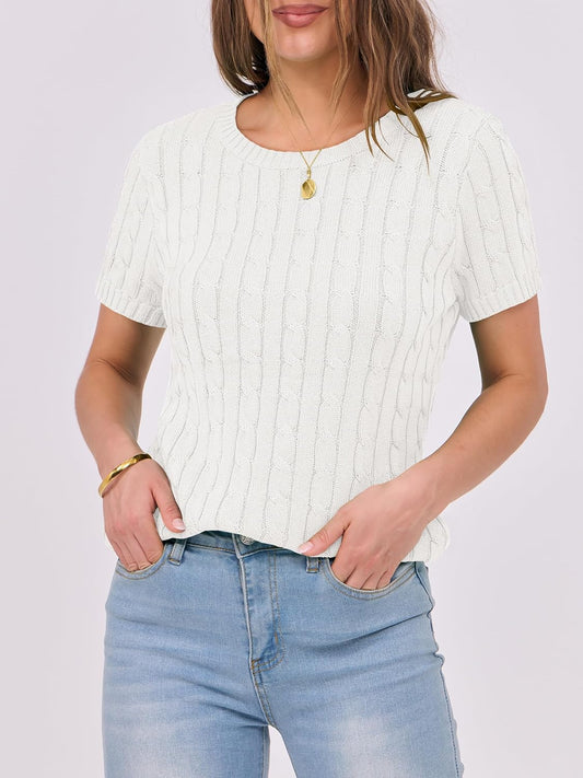 ANRABESS Womens Short Sleeve Sweaters Tops Crewneck Cable Knit Casual Soft Pullover Shirt 2025 Spring Summer Business Outfits