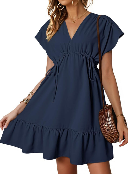 Dokotoo Womens Summer Dresses 2025 Short Sleeve V Neck Empire Waist Drawstring Casual Ruffle A-Line Swing Mini Babydoll Dress