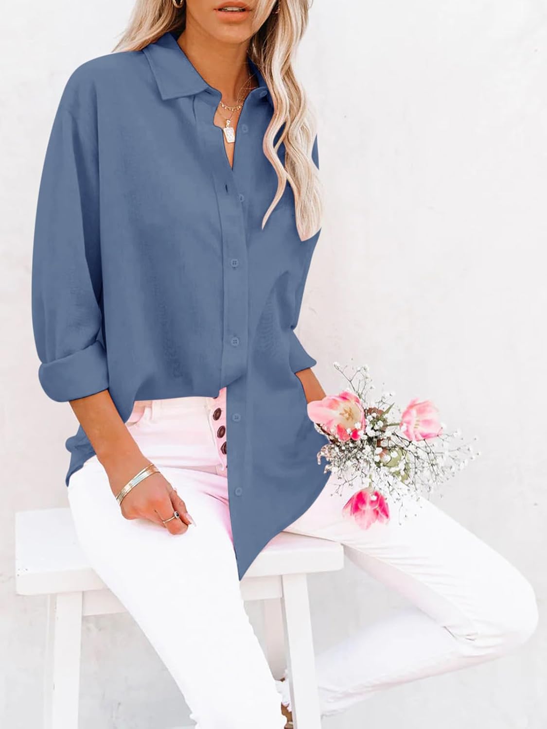 siliteelon Button Down Shirts for Women Dress Shirts Long Sleeve Wrinkle-Free Blouse Casual Solid Office Work Tunic Top