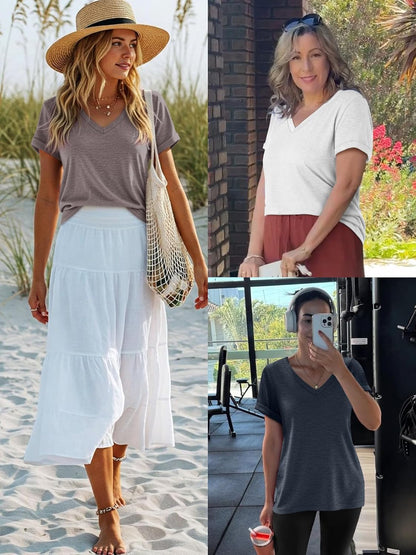 ATHMILE T Shirts Short Sleeve V Neck Tees for Women Fashion Tops Trendy Lightweight Casual Summer Outfits Clothes 2025 Beach