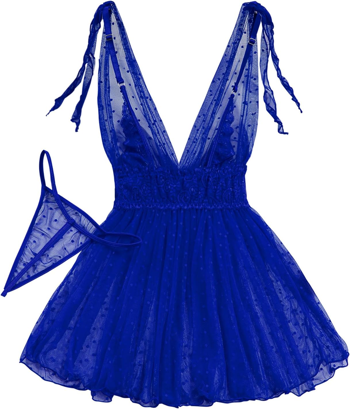 Lilosy Sexy Polka Dots Mesh Sheer Lace Babydoll Chemise Lingerie Set Floral Lace Sleep Wear