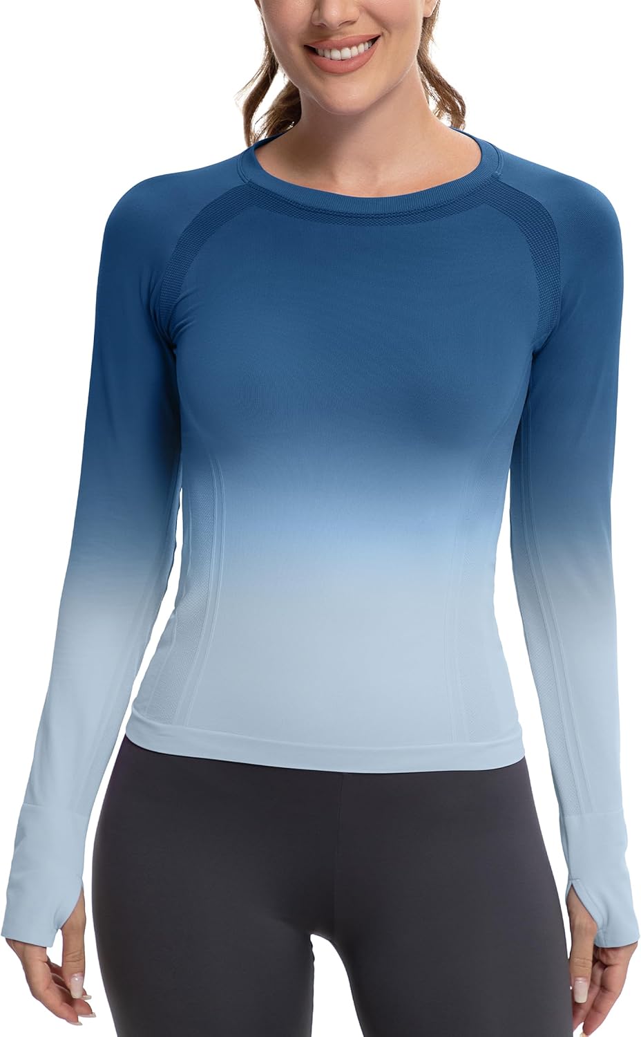 MathCat Long Sleeve Workout Tops for Women, Gradient Running Athletic Shirts, Seamless Breathable Tops with Thumb Holes