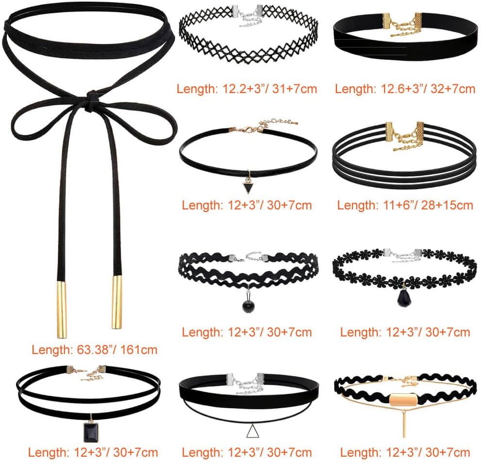 PAXCOO 10PCS Black Velvet Choker Necklaces with A Stroage Bag for Women