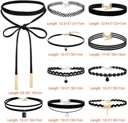 PAXCOO 10PCS Black Velvet Choker Necklaces with A Stroage Bag for Women