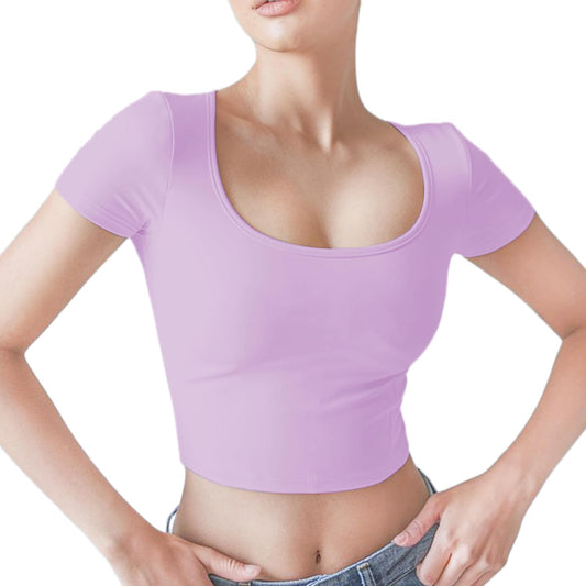 1 & 9 Crop Tops for Women Scoop Neck Short Sleeve Polyester Slim Fit Y2k Trendy Summer 2025 Basic Half Tee for layring Top