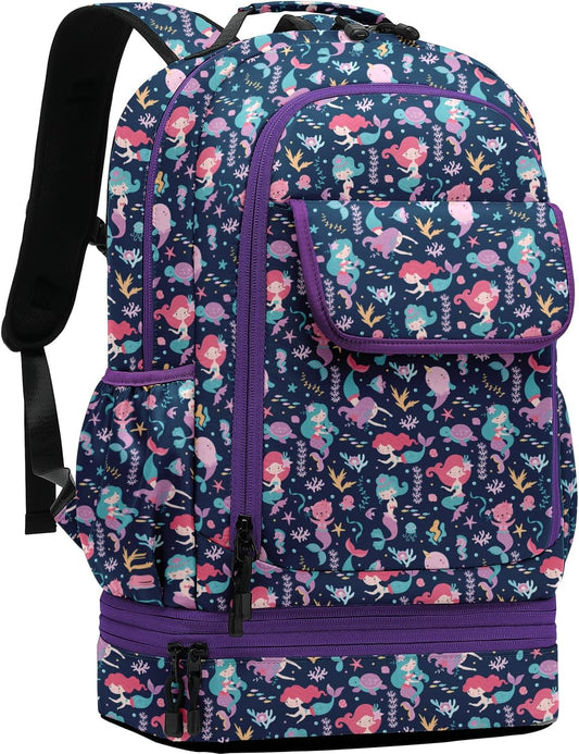 Leaper Water-resistant Cute Mermaid Laptop Backpack Double Deck Lunch Bag Satchel Purple