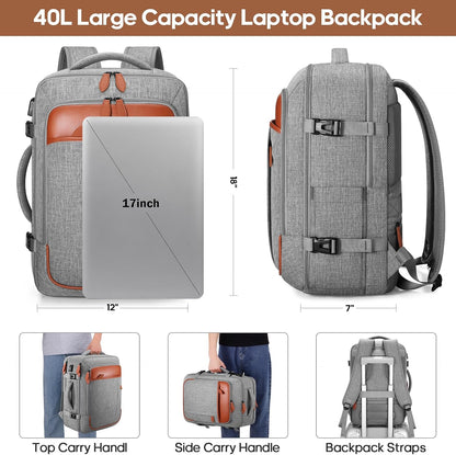 Travel Backpack, 17Inch Laptop Backpack, Carry-on Approved Bag for Men & Women, Waterproof Luggage with Packing Cubes, Shoe Pocket, Personal Item Size for Flights