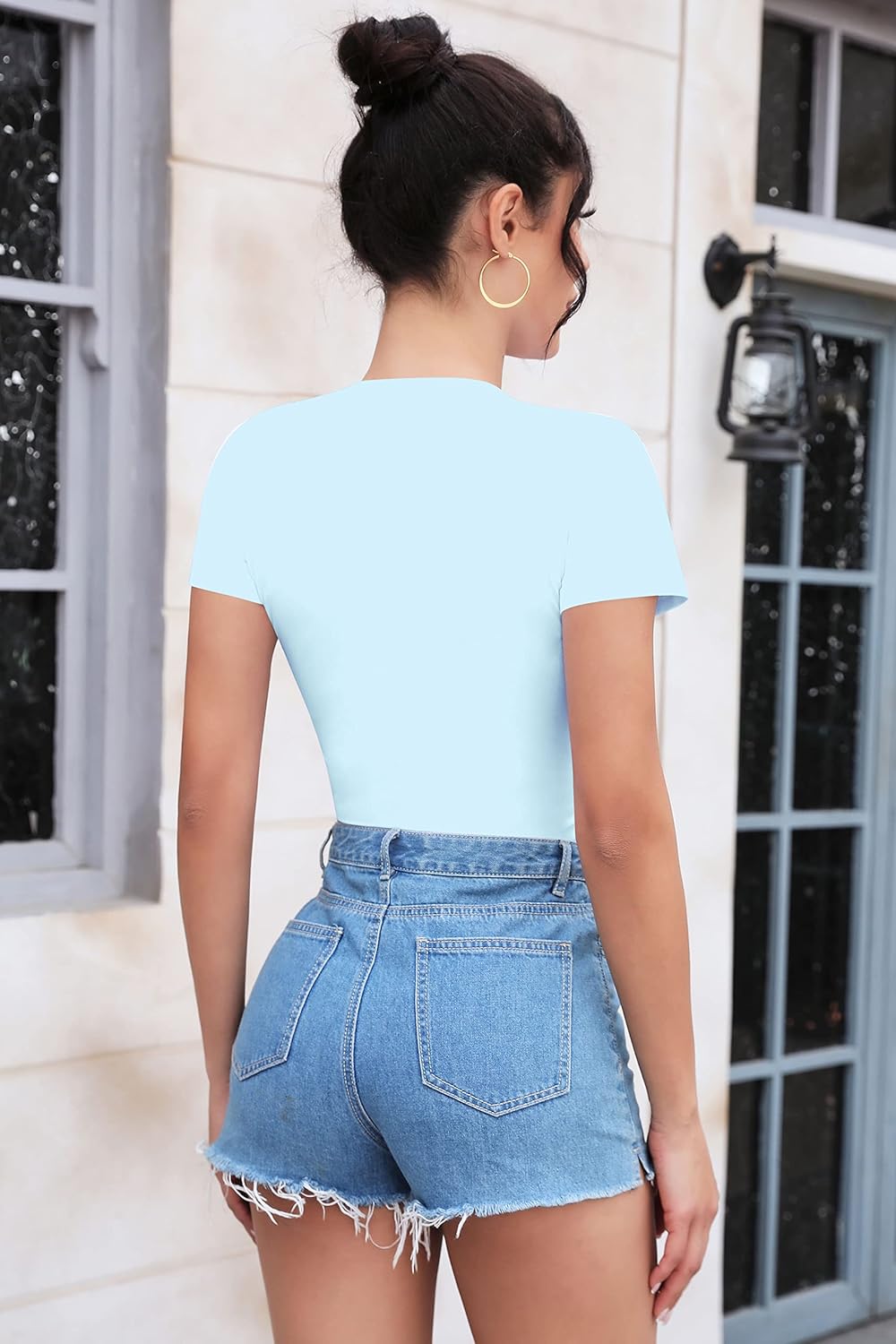 SHEIUGU Women's Crew Neck Short Sleeve Slim Fit T Shirts tops Basic Bodysuit Leotard Clothing