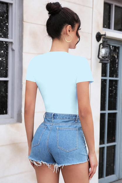 SHEIUGU Women's Crew Neck Short Sleeve Slim Fit T Shirts tops Basic Bodysuit Leotard Clothing
