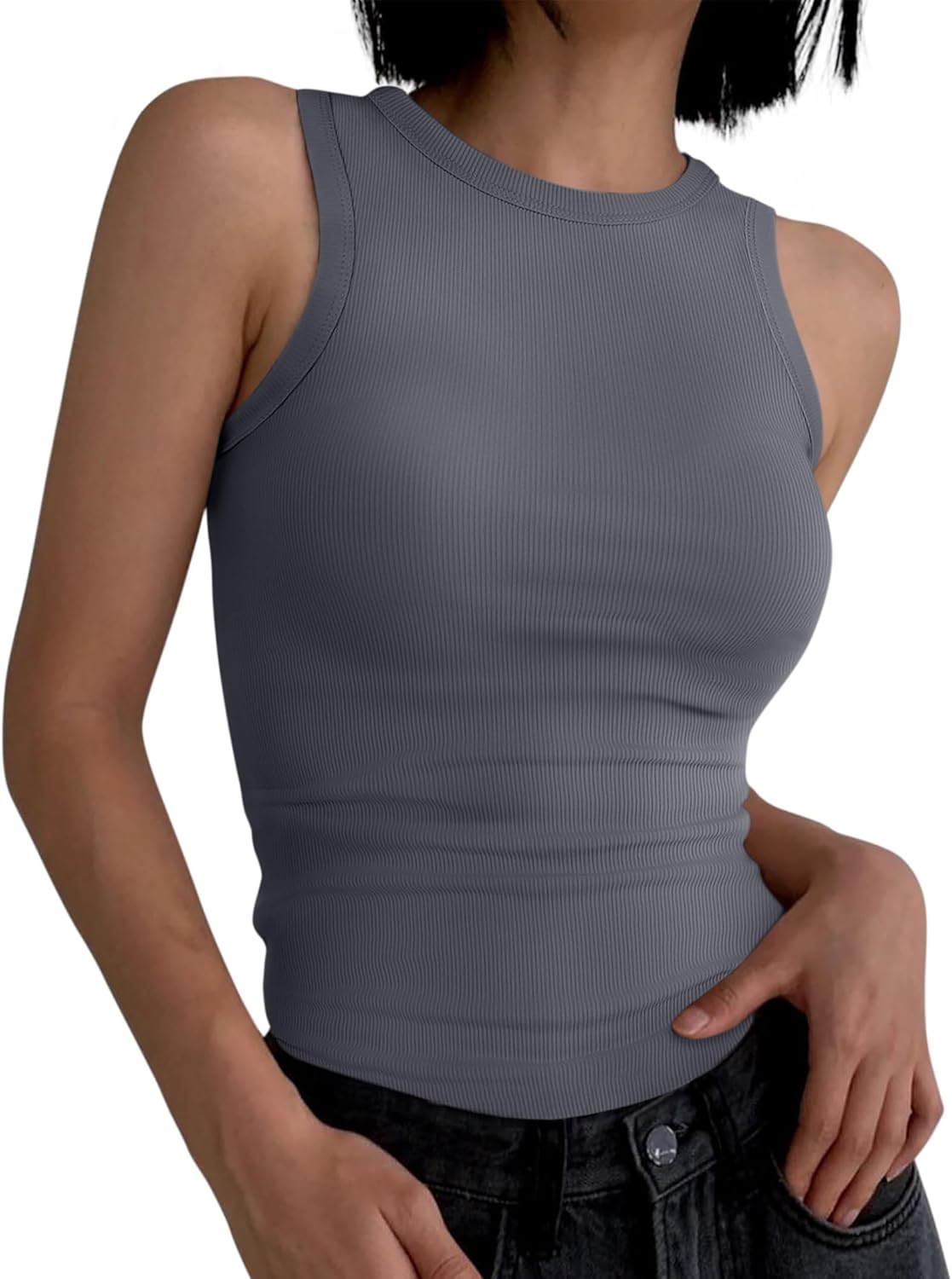 ANRABESS Womens Sleeveless High Neck Tank Tops Fashion Summer Casual Basic Slim Fit Ribbed Racerback Top Shirt Clothes