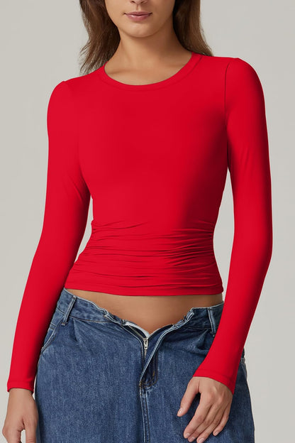 QINSEN Womens Crewneck Long Sleeve Shirt Double Lined Basic Tees Side Ruched Going Out Crop Tops