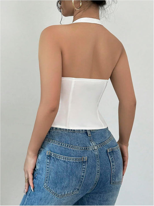 SHENHE Women's Cute Bow Front Crop Halter Top Sleeveless Backless Slit Y2k Top Vest
