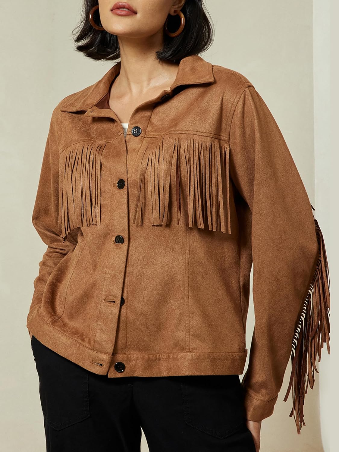 ADOR Faux Suede Jacket Women Fringe Casual Button Down Long Sleeve Cowgirl Style Coat for Fall Outfits