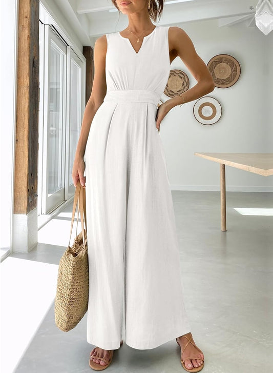 ANRABESS Jumpsuits for Women Summer Dressy Casual Linen Romper Sleeveless V Neck High Waist Wide Leg Beach Vacation Outfits