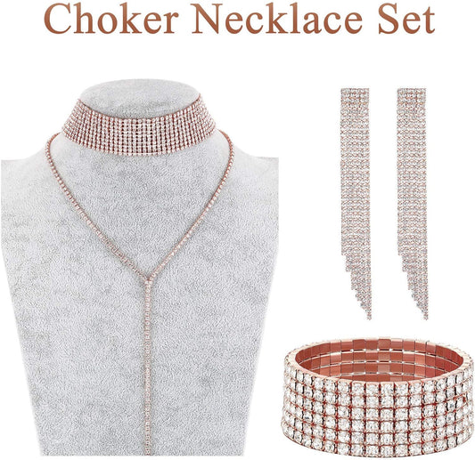 Hicarer 3 Pieces Women Rhinestone Jewelry Set Rhinestone Tassel Choker Necklace Fringe Bracelet Crystal Dangling Earring for Wedding Bridal Party