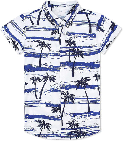 Big Boys Coconut Tree Shirt Fun Dark Blue Stripe Buttons Short Sleeves Hawaiian Shirts Teens Summer Tropical Holiday Polo Tees Childrens Retro Comfy Beach Cool Dress Shirts for Party, Size 13-14