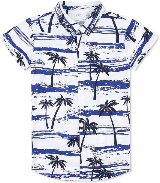Big Boys Coconut Tree Shirt Fun Dark Blue Stripe Buttons Short Sleeves Hawaiian Shirts Teens Summer Tropical Holiday Polo Tees Childrens Retro Comfy Beach Cool Dress Shirts for Party, Size 13-14