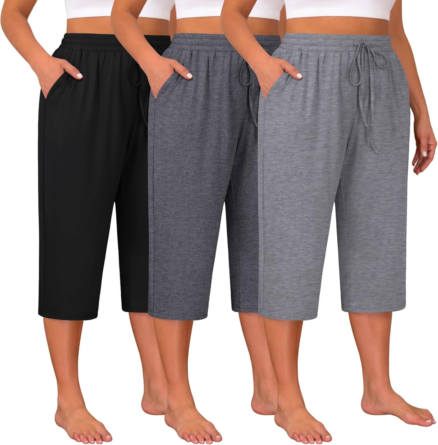 Huukeay 3 Pack Women's Plus Size Capris, Drawstring Cotton Yoga Capri Sweatpants Summer Casual Loose Cropped Pant with Pocket