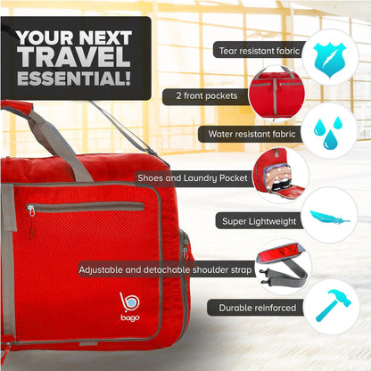 Bago Foldable Duffel Bags for Traveling Women & Men - 40L Sports Packable Duffle Bag for Travel with Shoe Compartment - Water Repellant, Heavy Duty, Lightweight Folding & Collapsible (Red)
