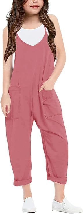 Girl's Casual Sleeveless Jumpsuits Spaghetti Straps Harem Long Overalls With Pockets