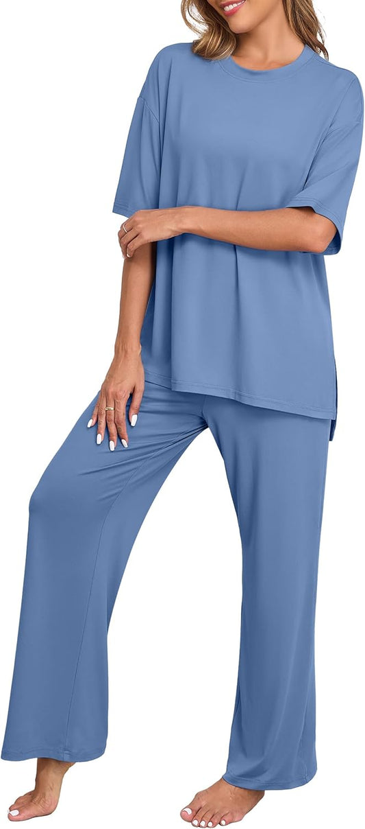 PrinStory Womens Pajamas Sets 2 Piece Lounge Set Short Sleeve Tops and Long Pants Soft Pjs Loungewear with Pockets