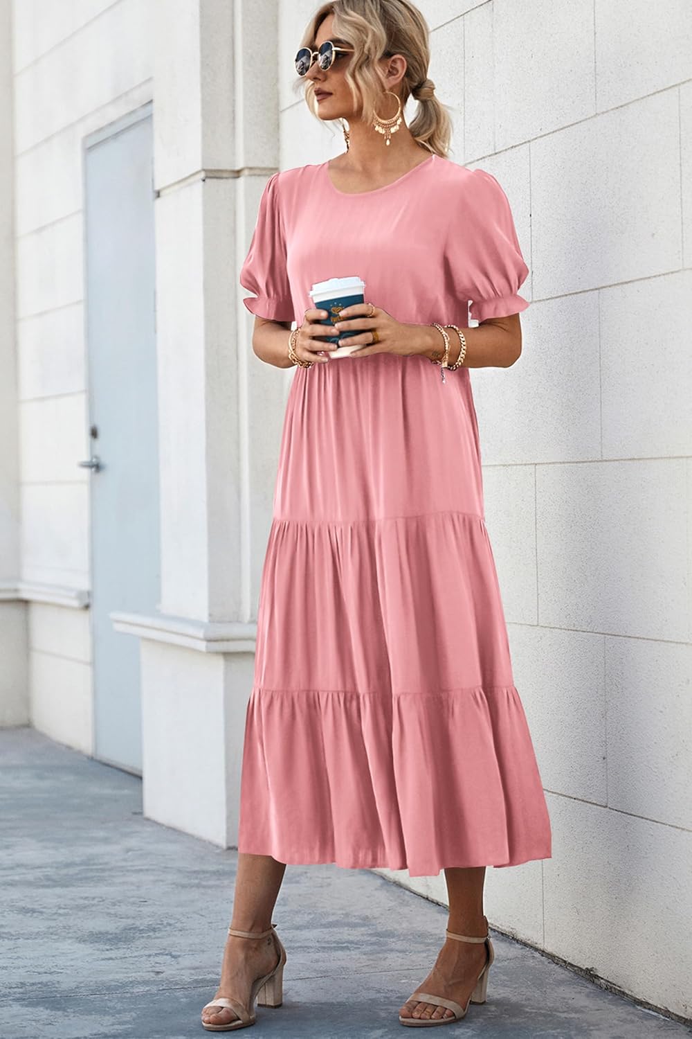 PRETTYGARDEN Summer Dresses for Women 2025 Casual Floral Boho Midi Sun Dress Puff Short Sleeve Flowy Beach Vacation Sundress