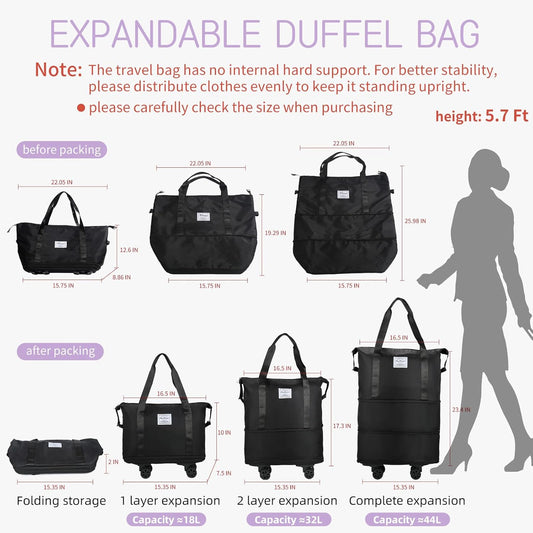 VOOWO Rolling Duffle Bag with Wheels, Expandable Foldable Duffle Bag for Travel, Rolling Under Seat Luggage Carry on Duffel Bags, Wheeled Travel Duffel Weekend Bags, Capacity 18L to 44L (Black)