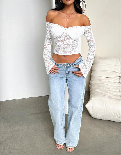 LOFAAC Women Off Shoulder Floral Lace Going Out Crop Tops Sexy Slim Long Sleeve See Through Backless Crop Blouse Shirts
