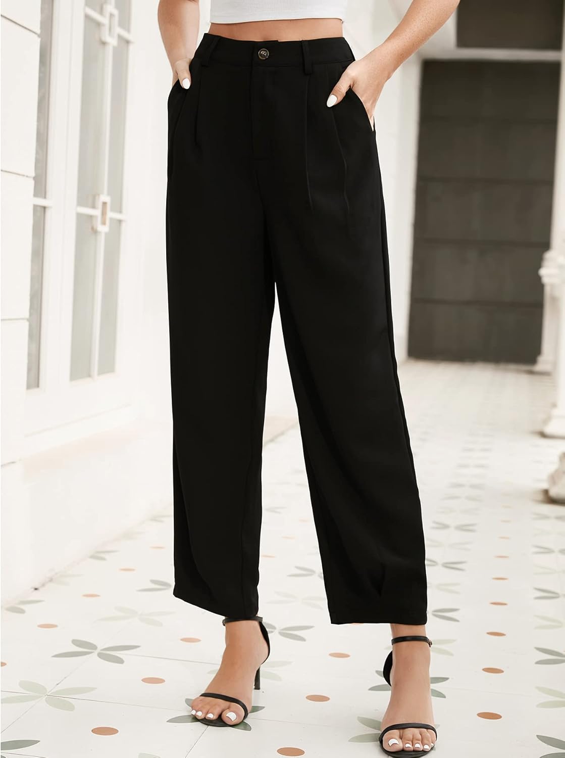 SweatyRocks Women's Casual High Waist Fold Pleated Straight Leg Trousers Work Pants with Pocket