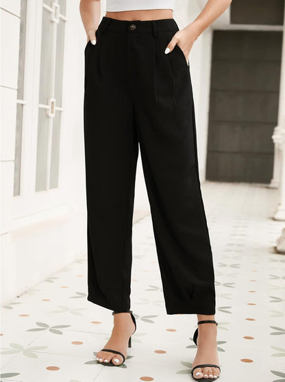 SweatyRocks Women's Casual High Waist Fold Pleated Straight Leg Trousers Work Pants with Pocket
