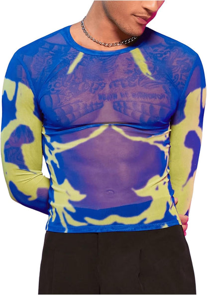 WDIRARA Men's Mesh Shirts Long Sleeve Rave See Through Tee Crewneck Party Club Wear Top