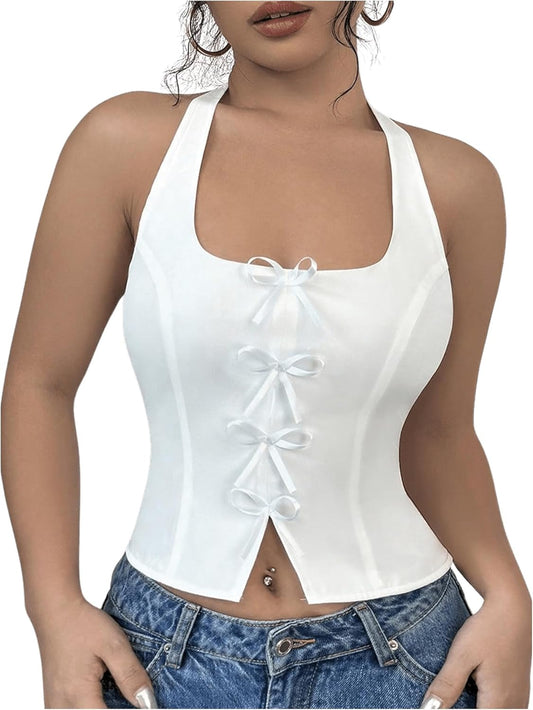 SHENHE Women's Cute Bow Front Crop Halter Top Sleeveless Backless Slit Y2k Top Vest