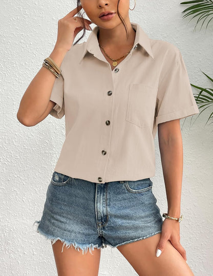 Zeagoo Womens Button Down Linen Shirt Short Sleeve Cotton Blouse Summer Casual Loose Fit Beach Tops S-2XL