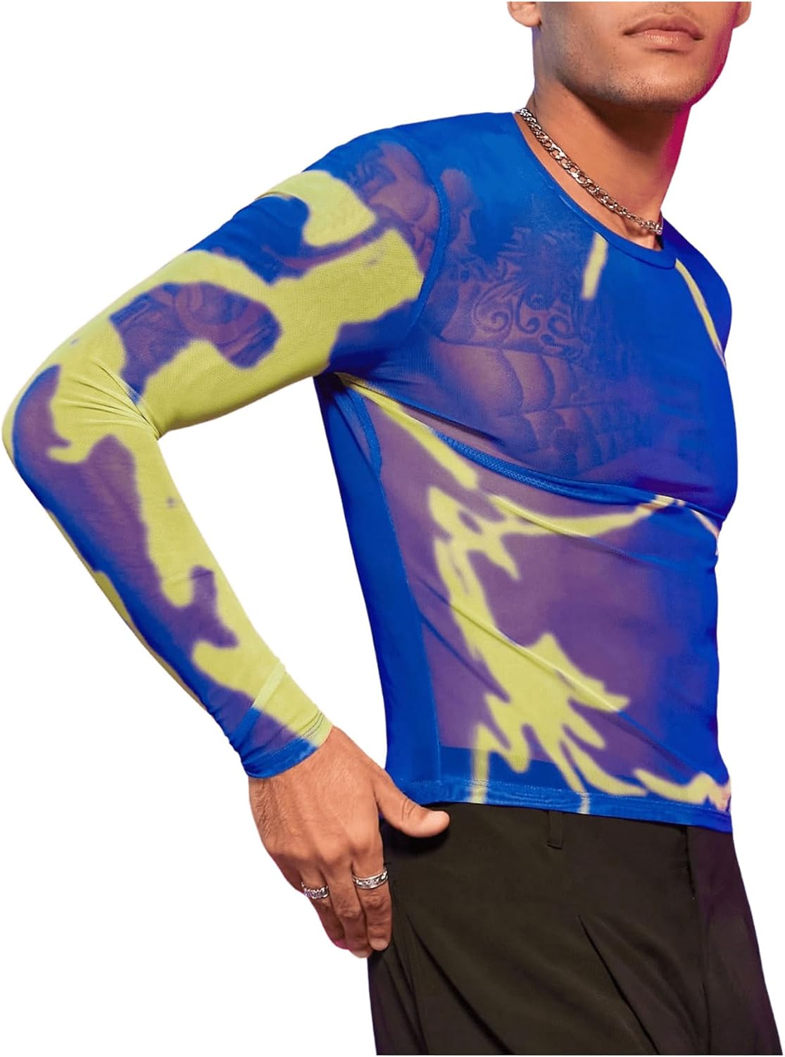 WDIRARA Men's Mesh Shirts Long Sleeve Rave See Through Tee Crewneck Party Club Wear Top