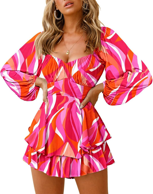Fixmatti Women off Shoulder Rompers Lantern Long Sleeve Ruffle Tie Mini Shorts Jumpsuit