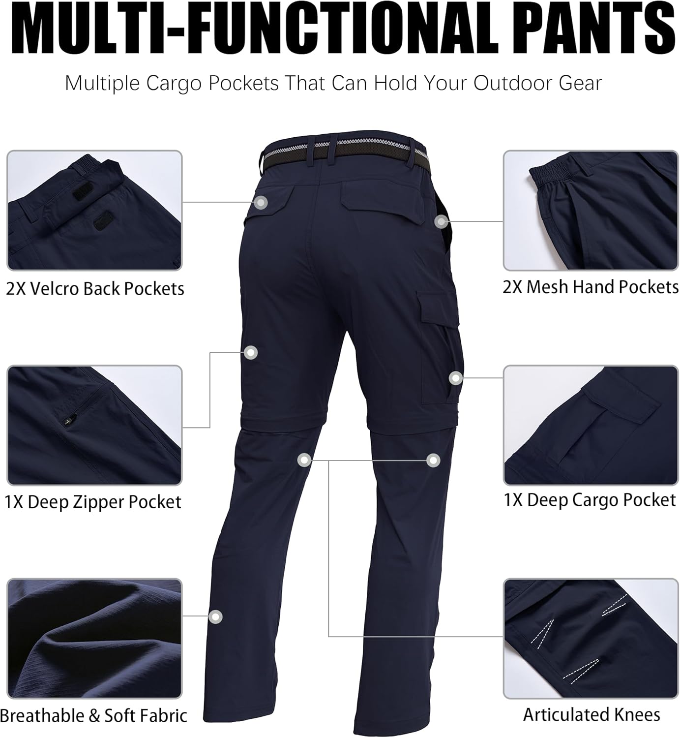 Mens Hiking Convertible Pants Zip Off Quick Dry Lightweight Fishing Safari Travel Camping Outdoor Cargo Pants
