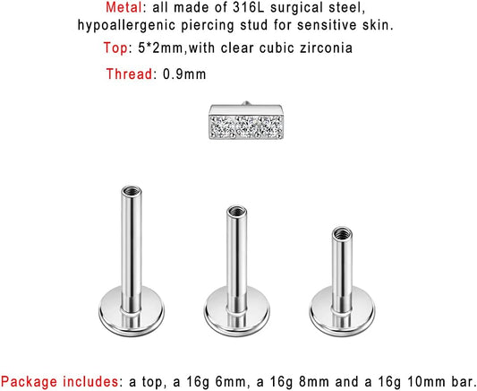 FANSING Surgical Steel Cartilage Stud with 18g/16g 6mm 8mm 10mm Internally Threaded Labret Post Silver/Gold