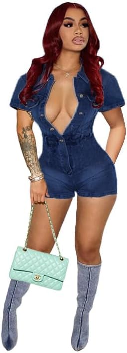 Molilove Women's Vintage Short Denim Jumpsuit Short Sleeve Button Down Jean Jumpsuit Rompers with Pockets