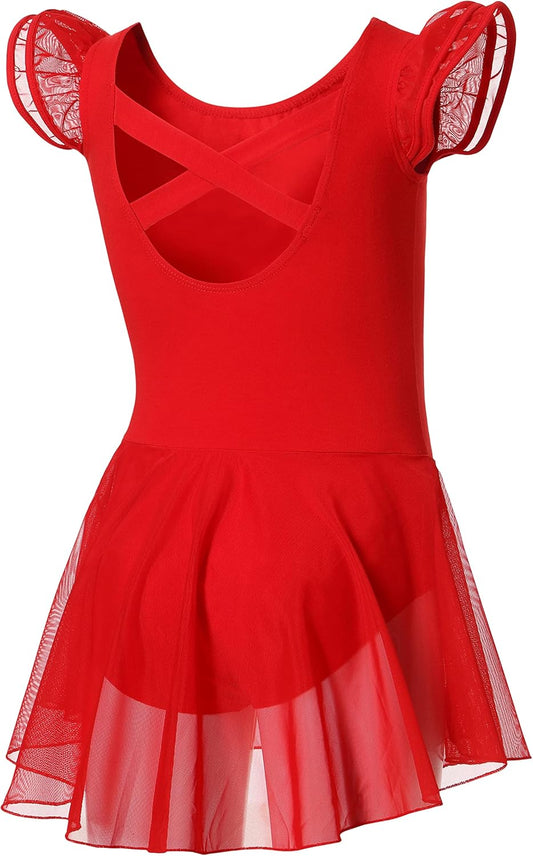 DIPUG Ballet Leotards for Girls Ballet Leotard with Skirt Toddler Dance Leotards Flutter Sleeve and Criss-Cross Back