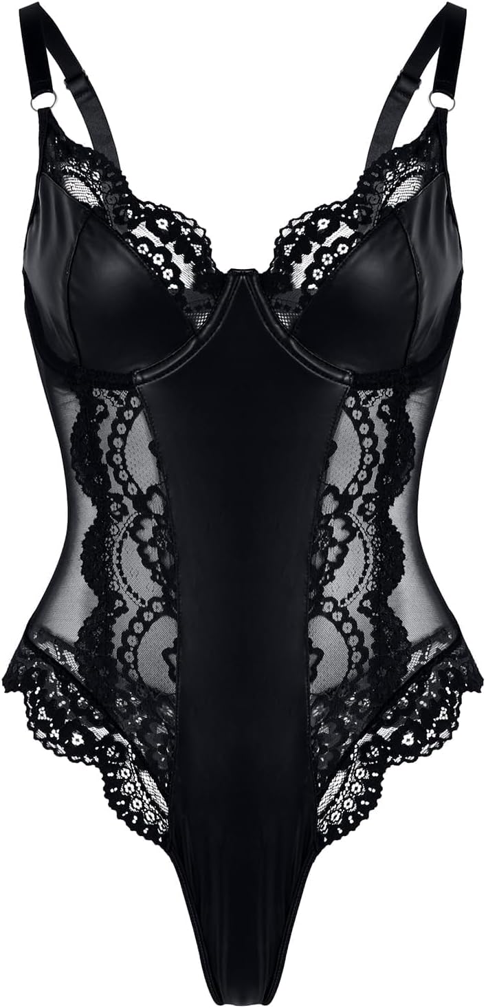 Lilosy Sexy Leather Underwire Push Up Floral Lace Sheer Corset Lingerie Women Teddy Bodysuit Bustier Top One Piece
