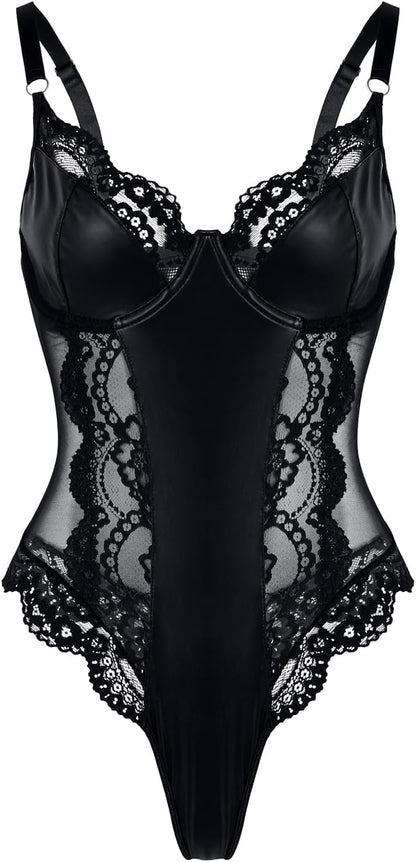 Lilosy Sexy Leather Underwire Push Up Floral Lace Sheer Corset Lingerie Women Teddy Bodysuit Bustier Top One Piece
