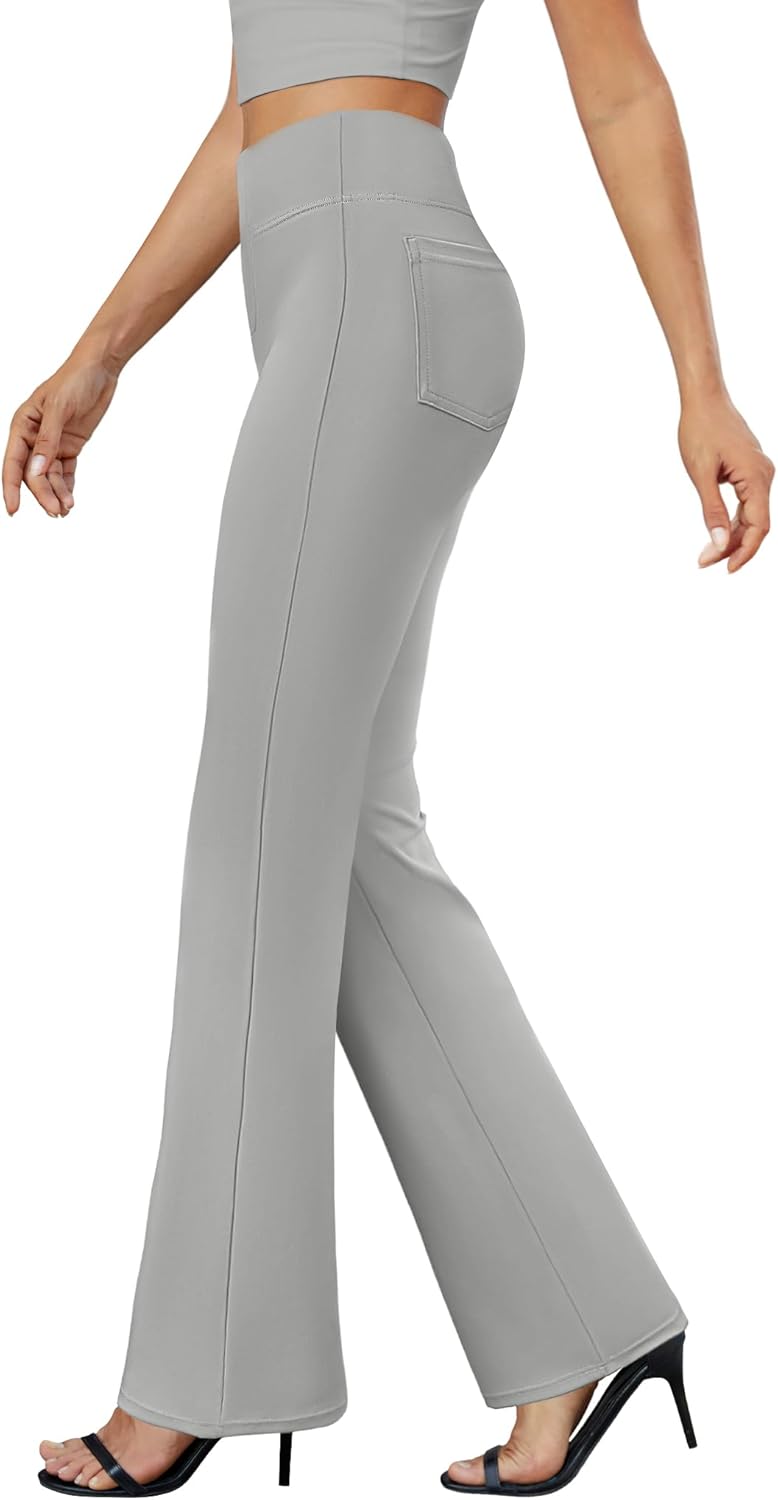 Womens Bootcut Dress Pants Business Casual Work Pants with Pockets High Waist Stretchy Trousers Pull On Office Slacks Light Grey