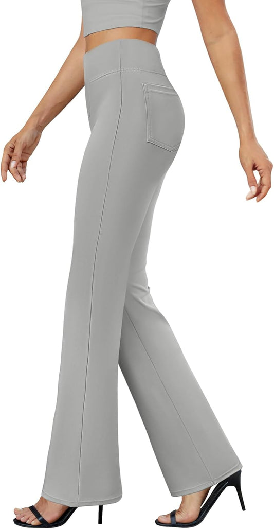 Womens Bootcut Dress Pants Business Casual Work Pants with Pockets High Waist Stretchy Trousers Pull On Office Slacks Light Grey