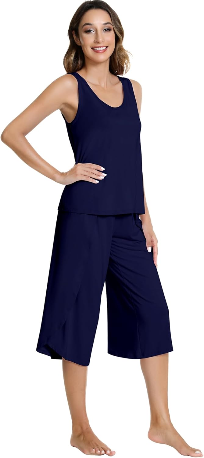 NACHILA Pajamas for Women-Viscose Made from Bamboo,Ribbed Pjs Racerback Tank Top and Capri Pants Sleeveless Pajama Sets